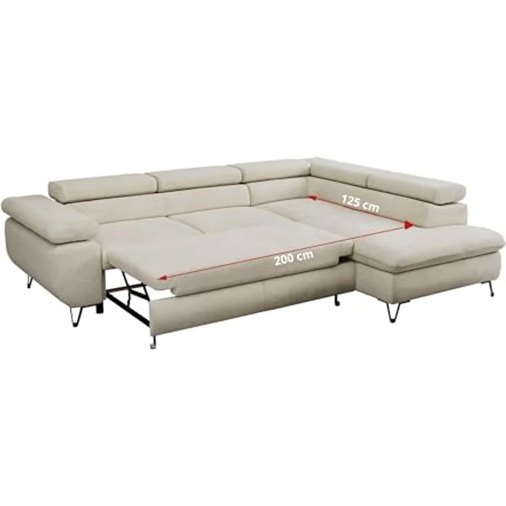 Mks Möbel 'Peter L-form' Ecksofa mit Bettfunktion, Bettkasten & einstellbaren Kopfstützen, Beige, Velours, rechts – Bild 7