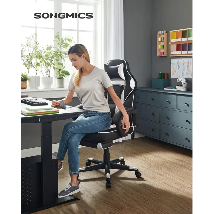 Songmics Bürostuhl, ausziehbare Fußstütze, Kopfkissen, Lendenkissen, höhenverstellbar, ergonomisch, neigbare Rückenlehne, bis 150 kg belastbar, tintenschwarz-wolkenweiß – Bild 2
