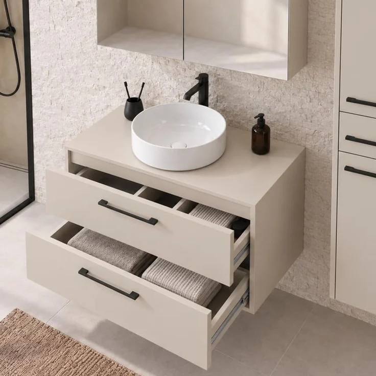 Badplaats Waschtischunterschrank-Set Florence 80 x 46 cm - Cashmere - mit Spiegelschrank und Hochschrank – Bild 4