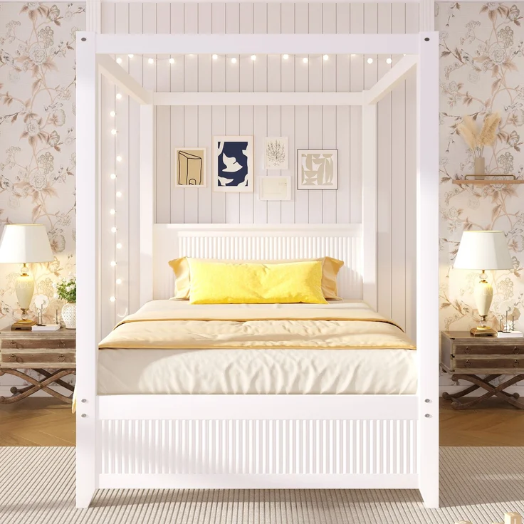 Bett 90x200 cm Himmelbett aus Holz, Weiß, mit offenem Dachrahmen und vertikalen Lamellen, ohne Matratze – Bild 2