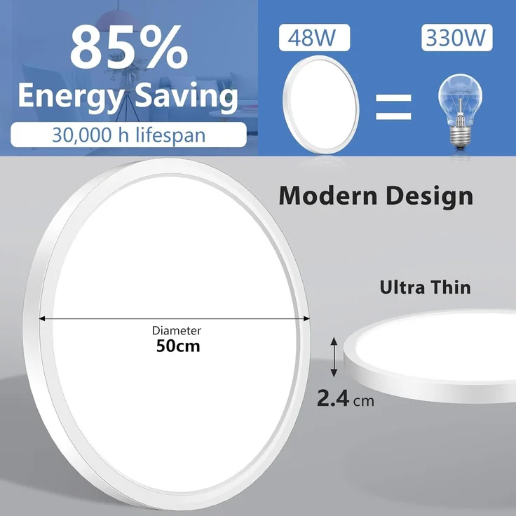 50CM Deckenlampe Led Deckenleuchte Flach - 48W 6500K 4800LM Kaltweiß Rund Küchenlampe Badlampe Led Deckenlampe Wohnzimmer Lampe Decke für Küche Schlafzimmer Badezimmer Kinderzimmer Modern Utra Dünn – Bild 3