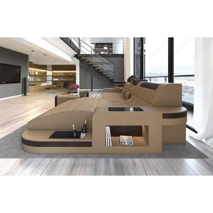 Mini Ecksofa Wave L Form aus Leder - Ledermix - sandbeige-dunkelbraun - Rechts – Bild 4