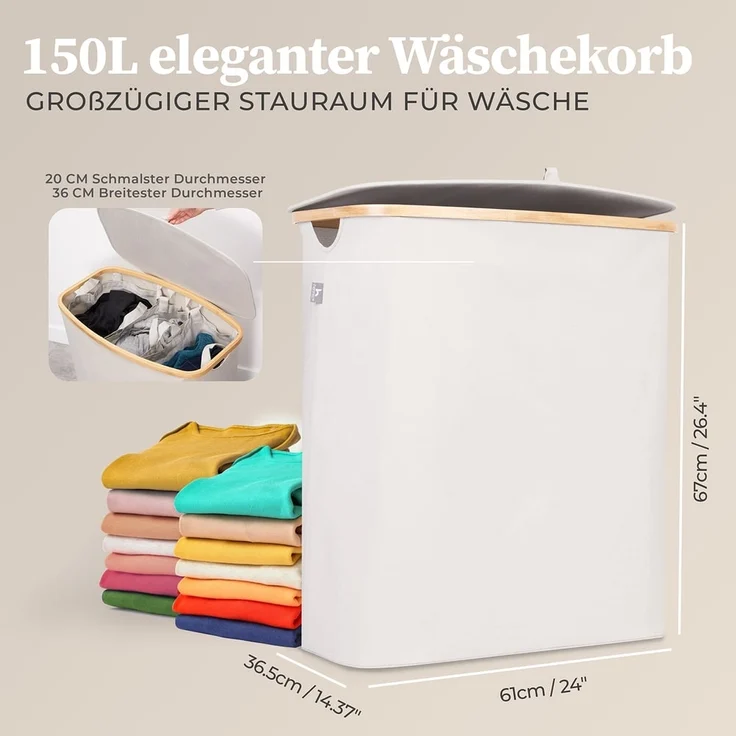 HENNEZ Wäschekorb Wäschebox 150L - Wäschekorb 3 Fächer mit Deckel, Wäschesortierer mit Wäschesack, schwarz Bambus – Bild 3