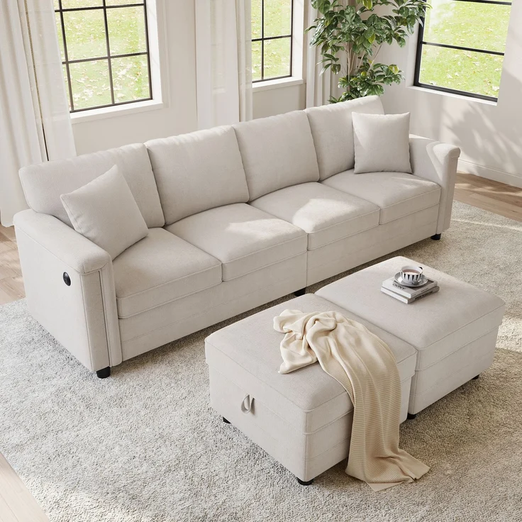Flieks 4-Sitzer Modulsofa mit 2 Stauraumhockern, USB & USB-C, L- oder U-Form Polstersofa, 261 x 134 x 82 cm, Chenille, Beige – Bild 5