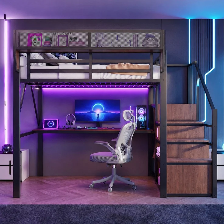 EINHOM Hochbett (140 x 200 Cm), Metallbett mit LED-Lichtleiste, Langem Schreibtisch, Sicherheitsleiter und Flexiblem Stauraum, Universelles Metallbett für Erwachsene und Kinder, Schwarz (Ohne Matratze) – Bild 4