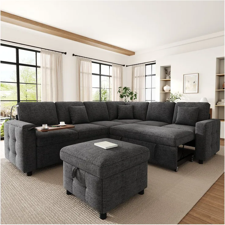 Merax XXL Ecksofa mit Schlaffunktion, L-Form, Chenille, 261×203×88cm, für 7–8 Personen, LED-Leselampe, USB/Type-C, Stauraum, Klapptisch, Getränkehalter, Beige/Grau