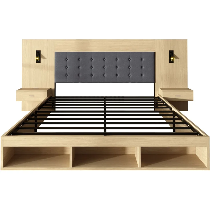 Merax Doppelbett 160*200cm, Stauraumbett, holzbett, Jugendbett, mit USB& Type-C-Ladestation und Leselampe, mit 2 Nachttische, heller Eichenfarbe – Bild 9