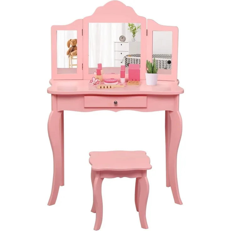 COSTWAY 2 in 1 Kinder Schminktisch mit Hocker, Frisiertisch mit 3-Fach abnehmbarem Spiegel & Schublade, Kosmetiktisch Mädchen Holz, 70 x 34 x 103 cm (Rosa)