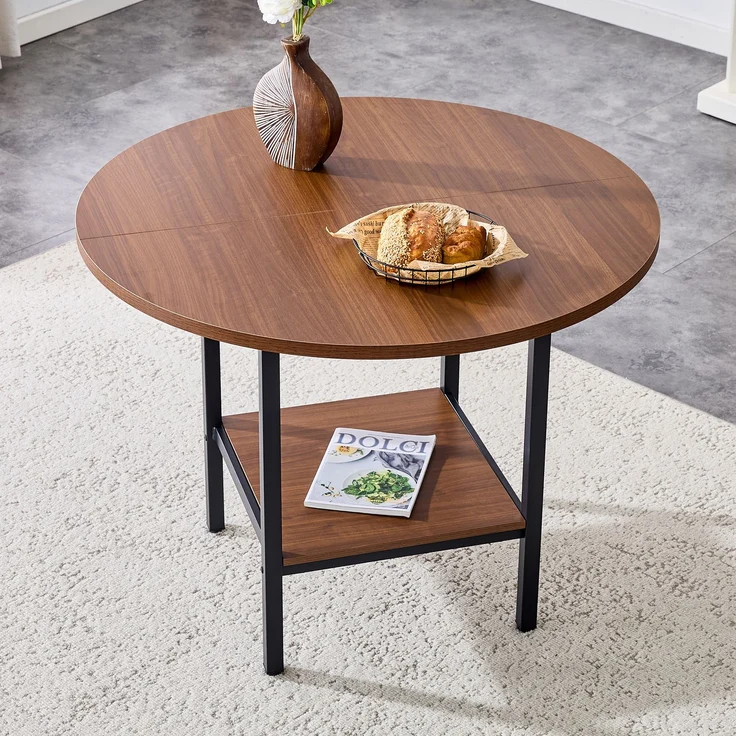 Esstisch rund 100x100x77 cm mit Stauraumablage, Walnuss-Optik und schwarzem Metallgestell – Bild 3