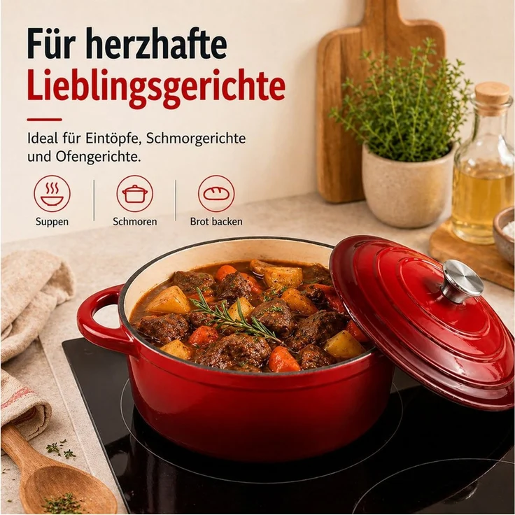 Annastore Bräter Gusseisen Topf emailliert mit Deckel Bräter Brotbacktopf Brottopf, Ofenfest bis 260 Grad, Für Induktion, Gas, Ceran, Elektro, Ofen – Bild 2