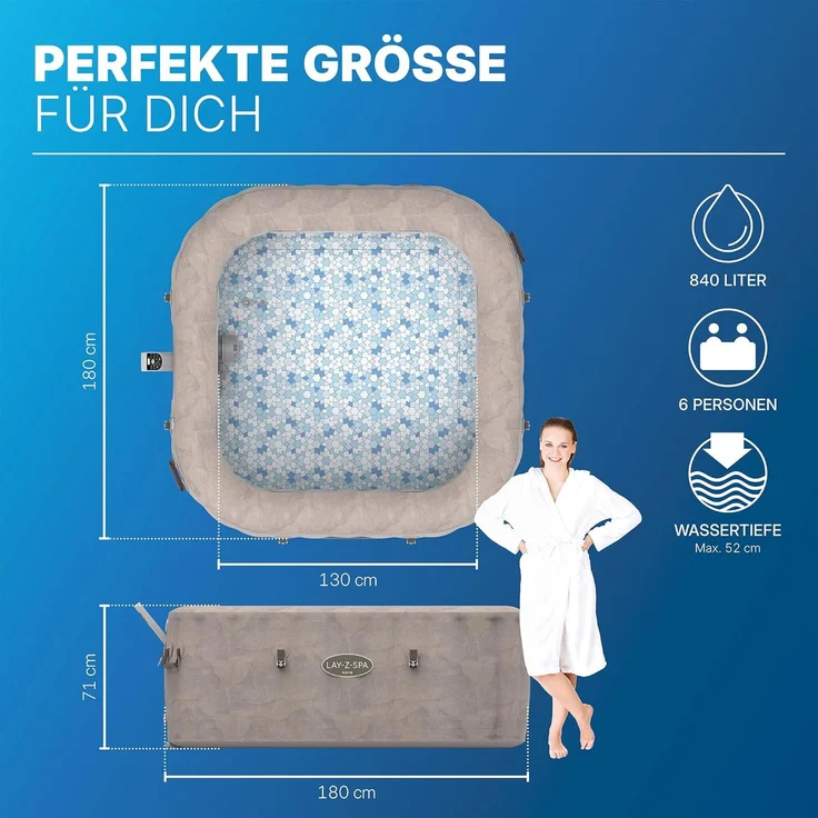 Bestway 6001K LAY-Z-SPA Whirlpool Rome Energiespar AirJet mit App-Steuerung, für 6 Personen, 180 x 180 x 71 cm, Marmor-Optik (Braun) – Bild 3