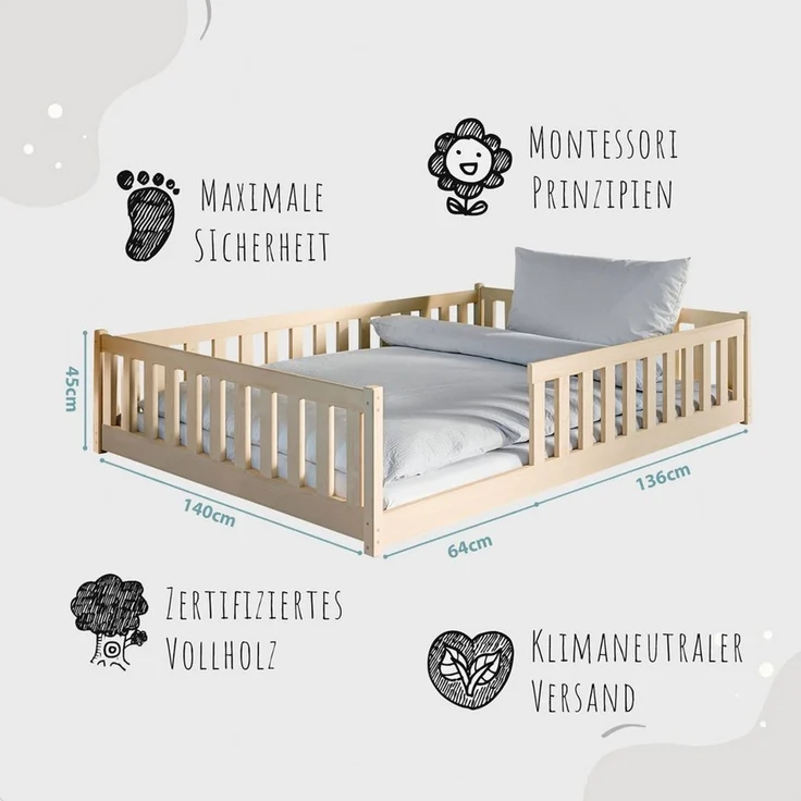 Kinderbett Bodenbett 140x200 cm Bett mit Rausfallschutz & Lattenrost Montessori Bett Bed Gitterbett Kinder Jugendbett Einzelbett optional mit Matratze | Natur Kiefer Holz massiv Junge Mädchen – Bild 3