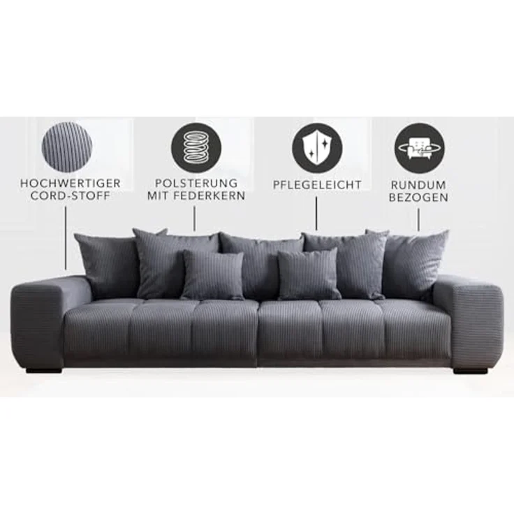 riess-ambiente Big-Sofa ELEGANCIA 285cm anthrazit, Einzelartikel 1 Teile, XXL Couch · Cord · mit Federkern · inkl. Kissen · Modern Design – Bild 4