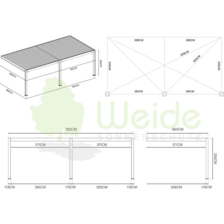 Weide Deluxe Plus Wand-Pergola Voll-Aluminium 4x8m mit Lamellendach weiß – Bild 7