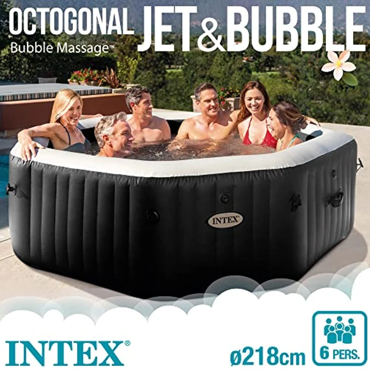 Intex Purespa Whirlpool Deluxe mit 140 Blasenmassagedüsen, 1098 Liter, achteckig, schwarz, für 5-6 Personen – Bild 3