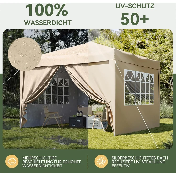 Aoxun Pop Up Pavillon 3x3 Wasserdicht mit 4 Seitenwänden, Metallrahmen-Schutzzelt, Höhe Verstellbar, 3mx3m Faltpavillon mit Tragetasche für Camping Party, Beige – Bild 3