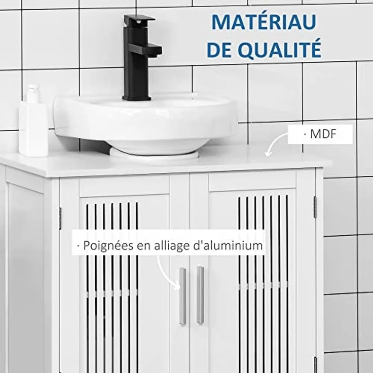 kleankin Waschtischunterschrank für Badezimmer – 2 geriffelte Türen mit verstellbarem Regal – Griffe aus Aluminiumlegierung – Maße: 60 x 30 x 60 cm (L x B x H) – MDF, weiß – Bild 6