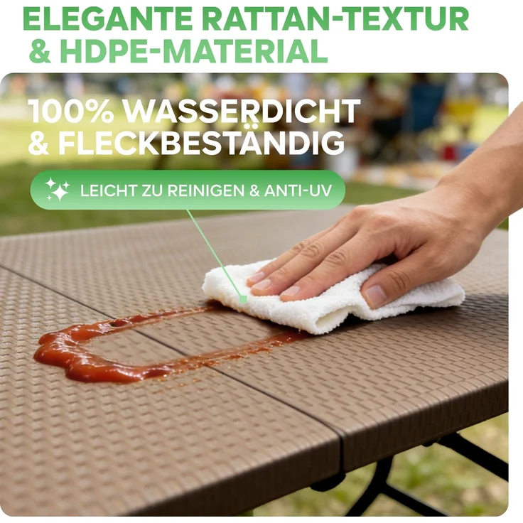 Eiryss Klappbarer Gartentisch 180x70cm, Outdoor Campingtisch für 8, braun mit Rattanoptik-Kunststoffplatte, Metallrahmen, 150kg, 3 Sicherheitsschlösser, leichter Buffetstisch für Garten, Balkon, Picknick – Bild 5