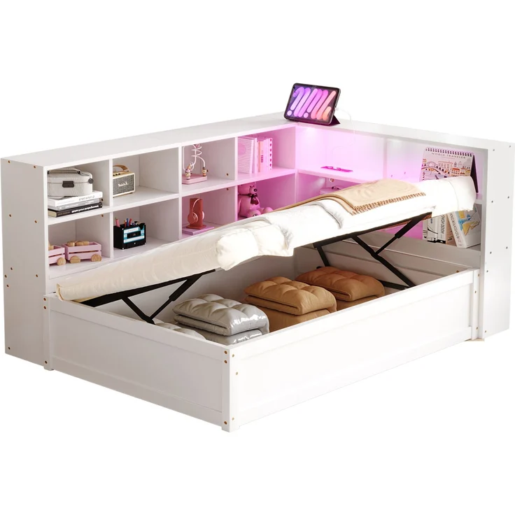 Bett 90x200 cm mit Stauraum und LED-Lichtleiste – multifunktionales Schlafsofa aus Kiefernholz in Weiß – Bild 7