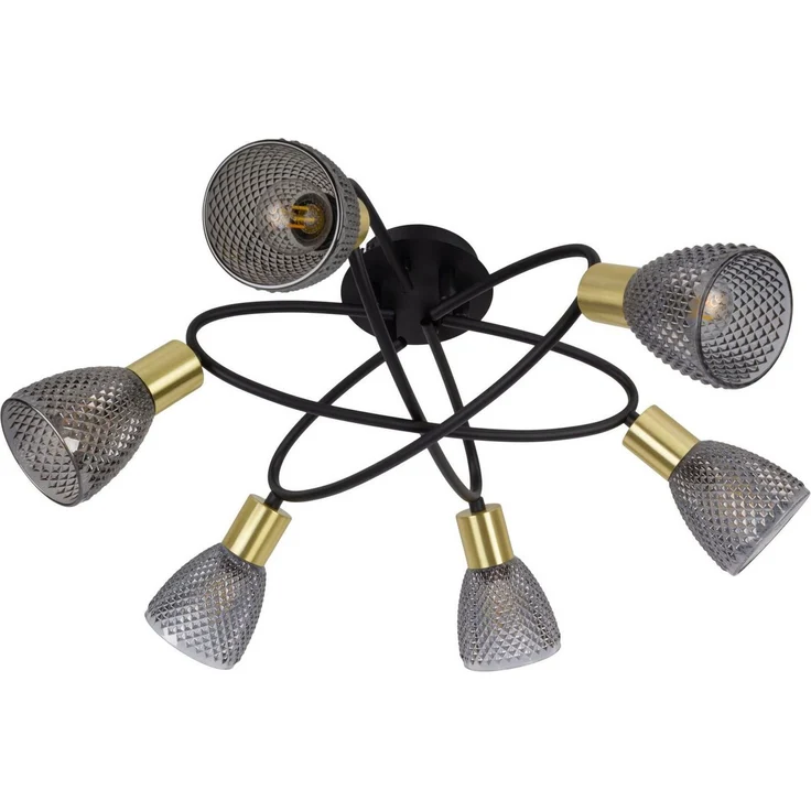 näve Deckenleuchte Lindita, ohne Leuchtmittel, 6er Spot, Relief-Glasschirm smokey, Gestell messing matt, 6x E14 exkl. – Bild 2