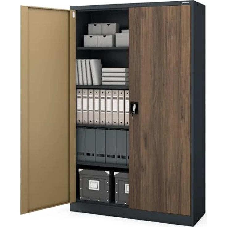 Jan Nowak Aktenschrank Metall 185 x 115 x 40 cm Büroschrank abschließbar Stahlschrank mit 4 verstellbaren Einlegeböden Dokumentenschrank Antrazit Nussbaum – Bild 3