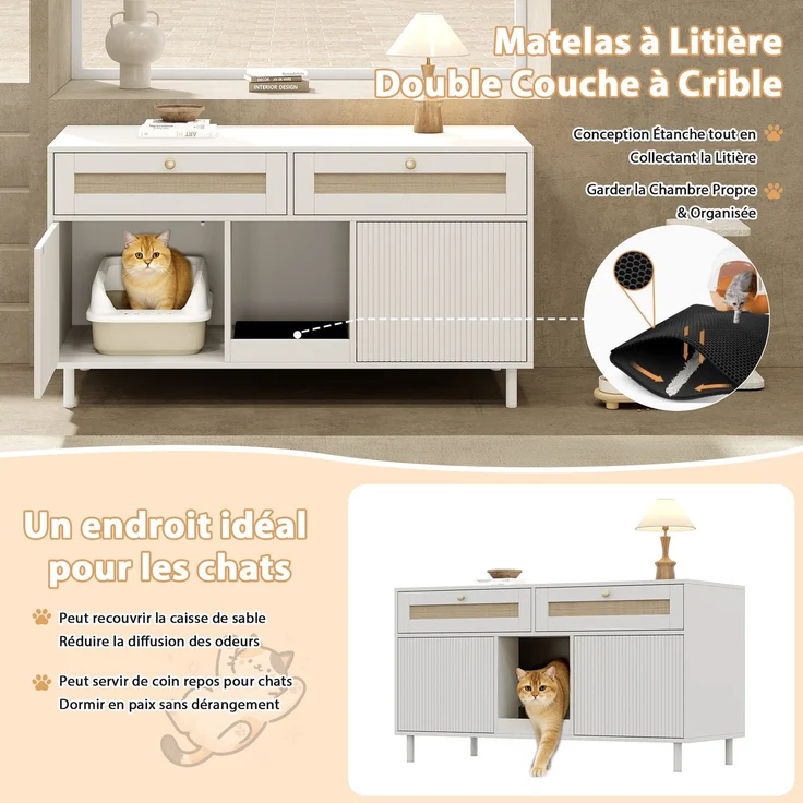 Katzentoilettenschrank mit Katzenstreufangmatte, Katzenstreuschrank, Haustierschrank mit Rattanschublade, Haustier-Sideboard/TV-Schrank, ohne Katzenstreu-Box, Weiß, 120x50x65 cm – Bild 8