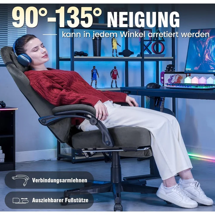 GTPLAYER Gaming Stuhl Stoff Gaming Chair Ergonomisch Bürostuh PC Stuhl, 150kg Belastbarkeit, Verstellbarer und Drehbarer Schreibtischstuh mit Federsitzkissen und Fußstütze, GRAU – Bild 5