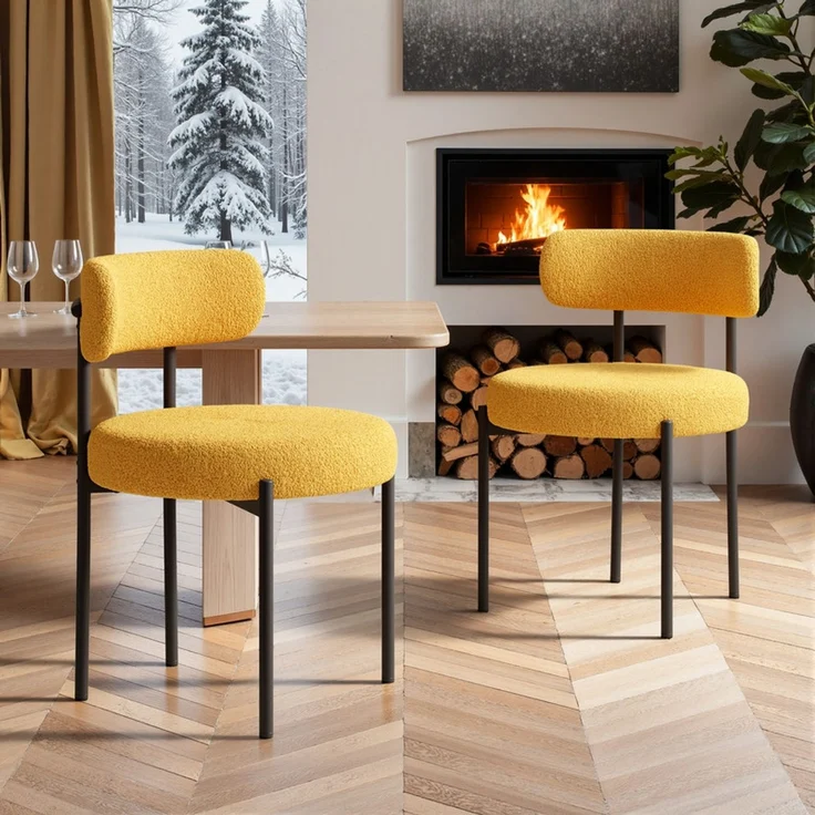 Hawthyhome Esszimmerstühle 2er Set Polsterstuhl mit runder Rückenlehne, Teddy Stoff Boucle Bezug, weich & kuschelig, ergonomisches Design, stabiles schwarzes Metallgestell, vielseitig für Esszimmer, Küche & Wohnbereich, Gelb – Bild 6