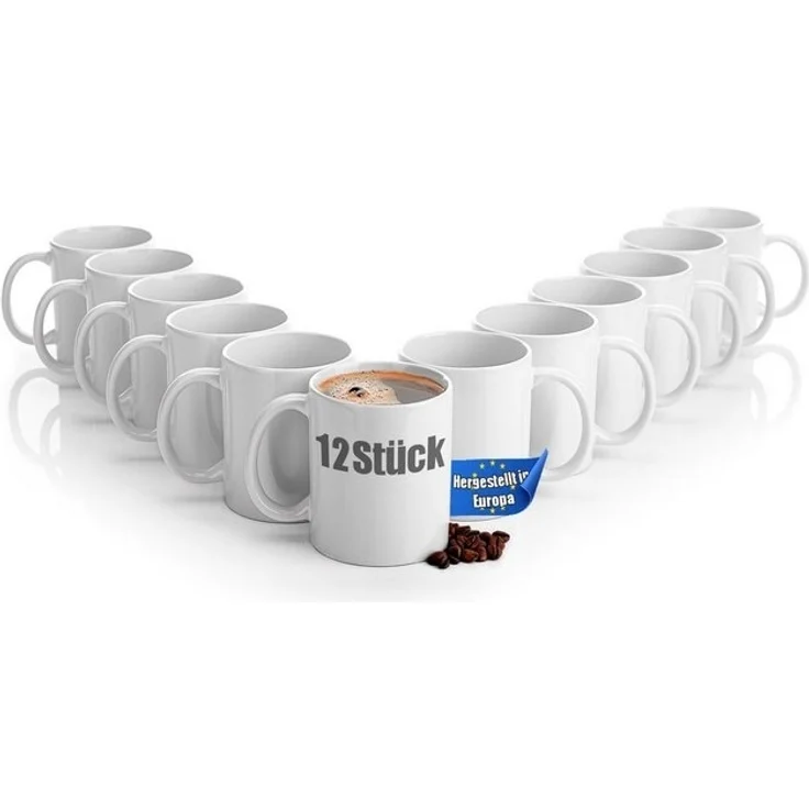 BigDean 12 Stück große Kaffeebecher weiß 300ml spülmaschinenfest aus hochwertigem Porzellan - Tassen zum Bemalen - Kaffeepott Glühweinbecher Kaffeetasse weiß - Kaffeetassen Set groß – Bild 4