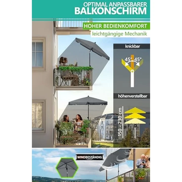 4smile Sonnenschirm Balkon SunnyShade, 200x125 cm, Anthrazit - UPF 50+ Sonnenschirm rechteckig als Sonnenschutz Balkon - SunnyGuy Balkon-Schirm mit Sonnenschirmhalter + Sonnenschirmhülle – Bild 6