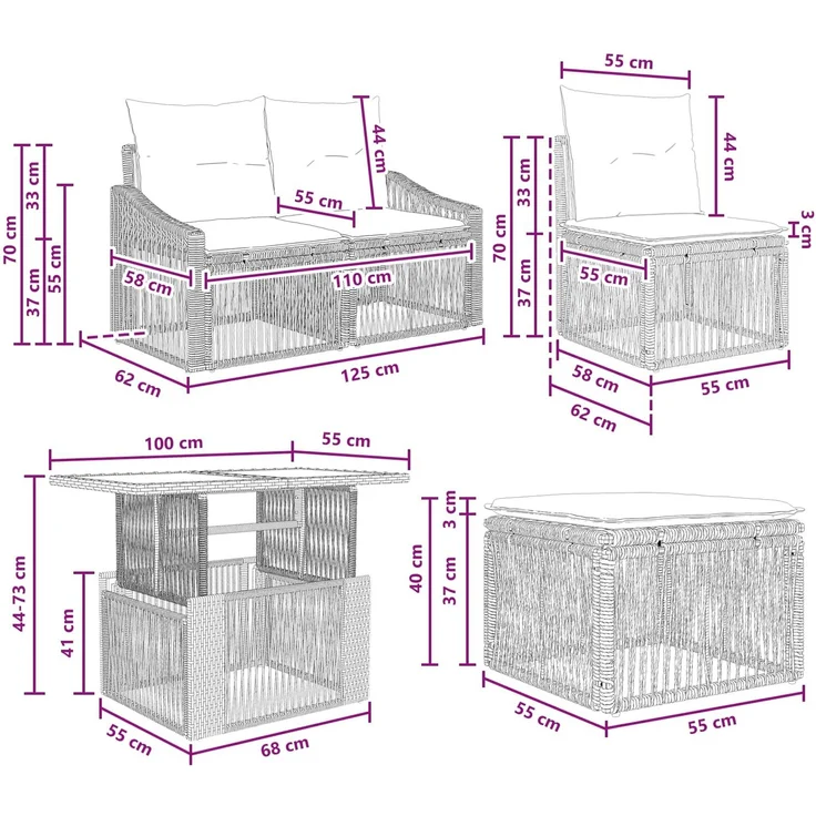 vidaXL Gartensofa-set 13 stk. Schwarz und Cremeweiß 100 x 55 x 73 cm 3437347 – Bild 12