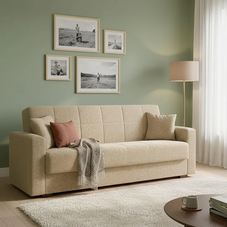 Dmora - Schlafsofa Pinto, Lineares 3-Sitzer-Container-Schlafsofa, Wohnzimmersofa aus gepolstertem Stoff mit Klick-Klack-Öffnung, Cm 212x80h87, Blau