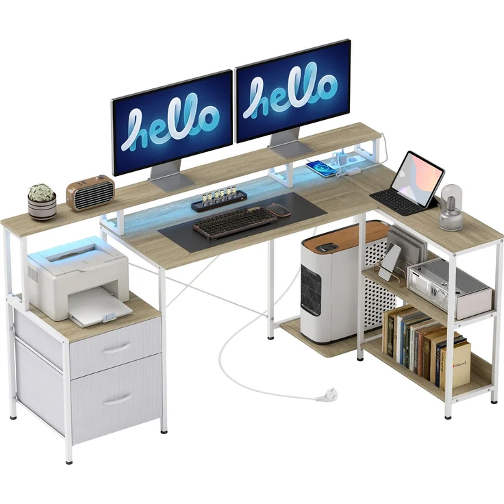 JARDJ Eckschreibtisch mit Steckdosen und RGB-LED-Beleuchtung, Computertisch, 172 x 100 cm, Monitorständer, 2 Schubladen, weiß – Bild 1