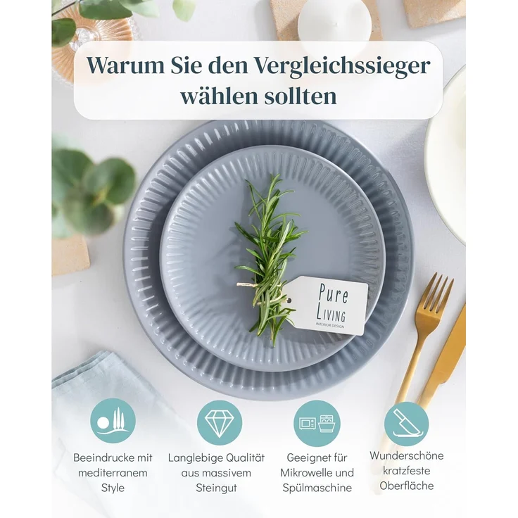 Steingut Geschirrset 6 Personen Hygge 18 tlg. TESTSIEGER, Traumhaftes Skandinavisches Steingut Geschirr Set, Schüssel- und Teller Set, Tafelservice 6 Personen, Geschirrsets Pure Living in Graublau – Bild 2