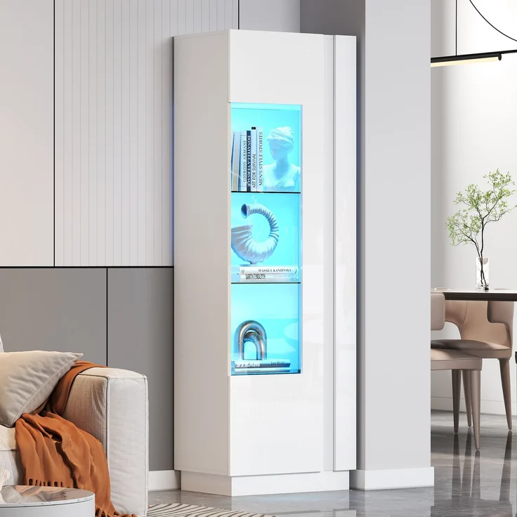 60*40*180cm Schrank,Vitrine ausSchranktür aus Acryl,Vitrine Hochglanz Lagerschrank mit LED-Beleuchtung, 3 Glasboden ,Highboard, Aufbewahrungsschrank, Hochschrank, Sofaschrank,Weiß – Bild 3