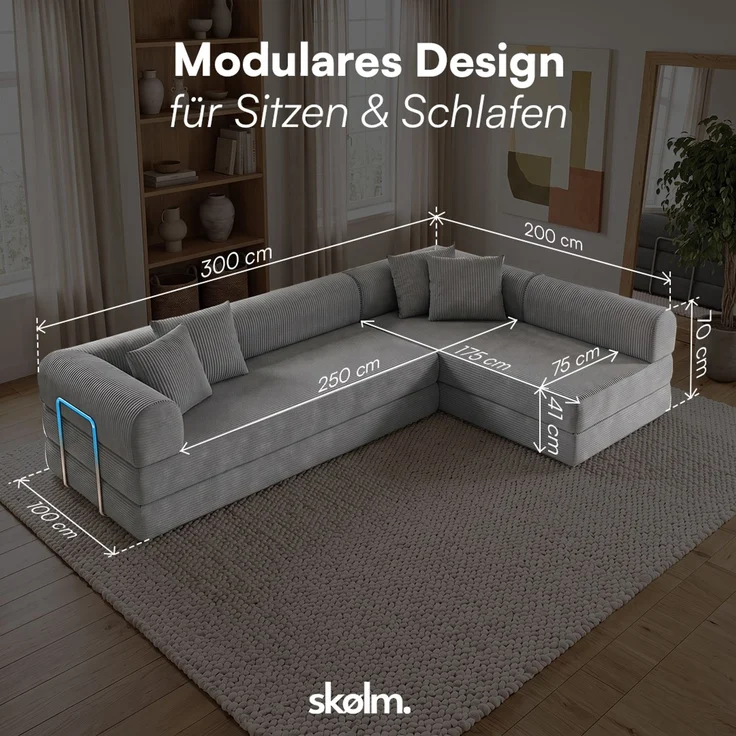 skølm 'Lofn' Modulares Sofa 4 Sitzer, 300x200 cm, Vollschaumcouch mit Metallgestell, Cord dunkelgrau, Schlafsofa vakuumverpackt, kein Aufbau erforderlich – Bild 9