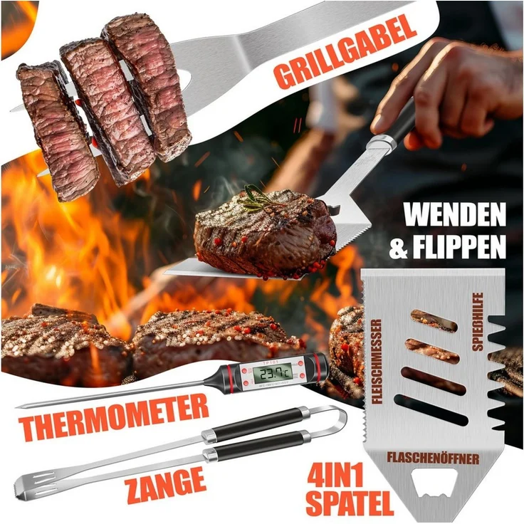 KESSER® Grillbesteck Set 37-teilig Grillzubehör aus rostfreiem Edelstahl Grillset mit Grillzange, Grillwender, 4in1 Grillspatel, Grillgabel, Grill-Spieß, Thermometer, Korkenzieher, Grillmatte & Tasche Schwarz – Bild 2