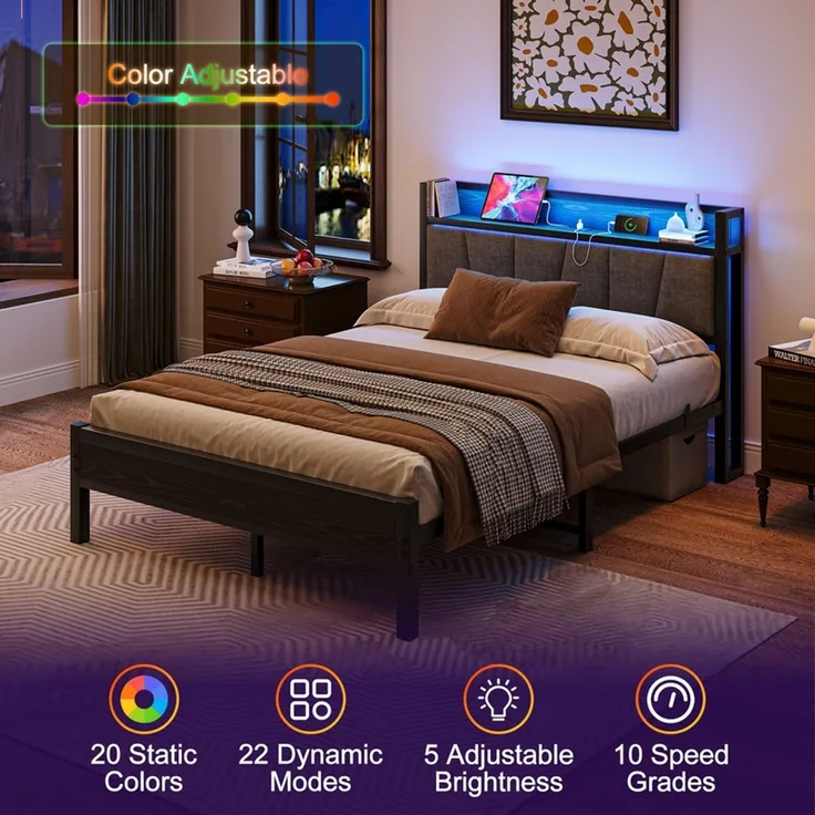 Homerecommend Metallbett Jugendbett Bettgestell 90x200 cm, mit 2 USB-Anschlüssen & RGB-LED Beleuchtung, robuster Stahlrahmen mit Stützstange & Mittelbeinen, 27 cm Bodenfreiheit für Stauraum, Vintage Schwarz