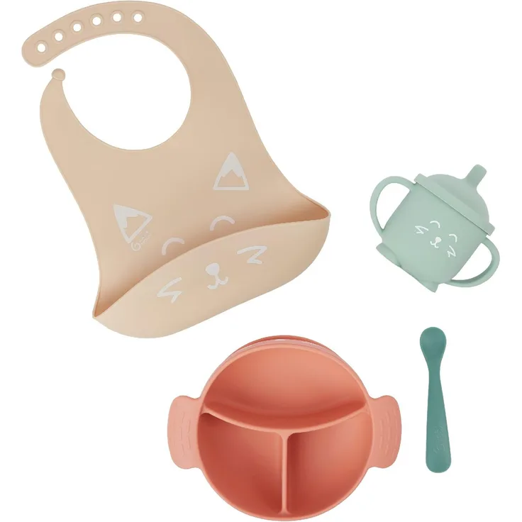 Babymoov Baby Geschirrset LEARN'ISY Hund - 4er Set aus Silikon, Trinklernbecher, Baby Lätzchen, Babylöffel, Teller mit Saugnapf, ab 15 Monaten