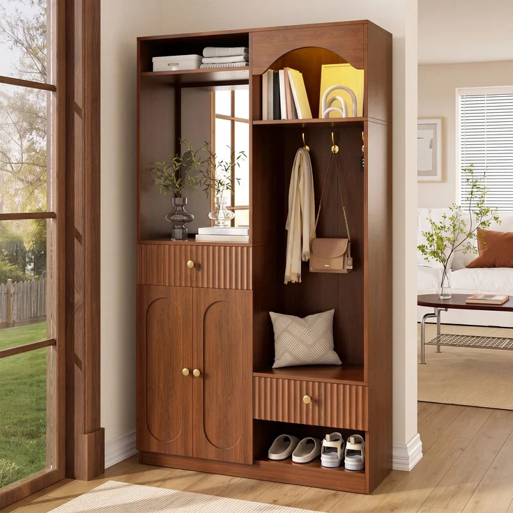 Kompaktgarderobe mit Spiegel und Sitzbank,Flurgarderobe mit Schuhschrank und Haken, Kleiderhaken,Kompaktgarderobe,Flurmöbel Set,Flurgarderobe – Bild 5