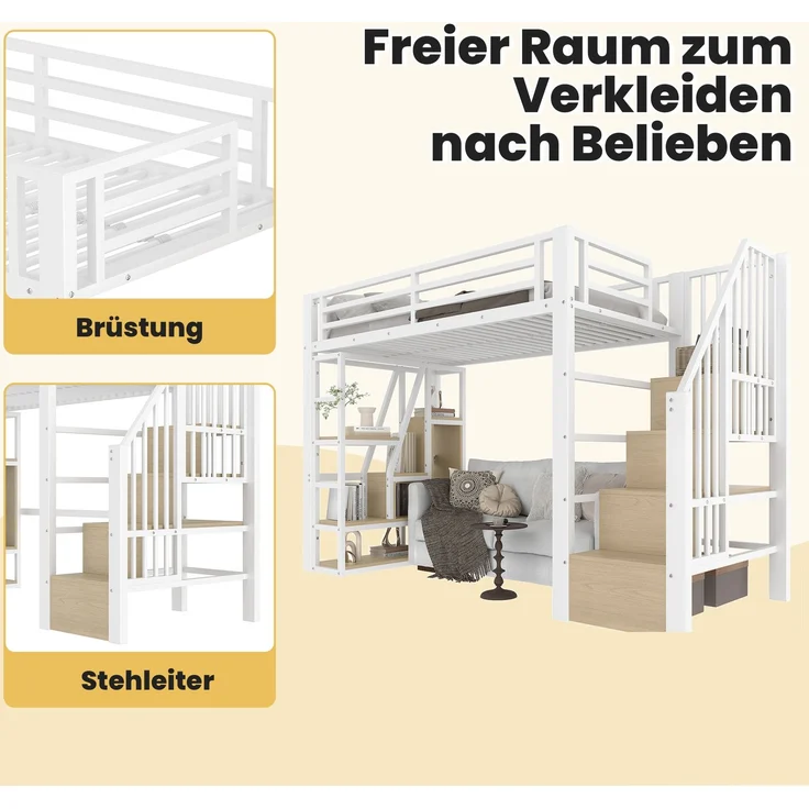 EINHOM Hochbett, 90 x 200 cm, Eisenrahmen, Ablagefach, Integrierte Stufen, Schutzgeländer, Leiter, mit LED-Lichtleiste, Offener Stauraum unter dem Bett, Matratze Nicht im Lieferumfang Enthalten, Weiß (Ohne Matratze) – Bild 5
