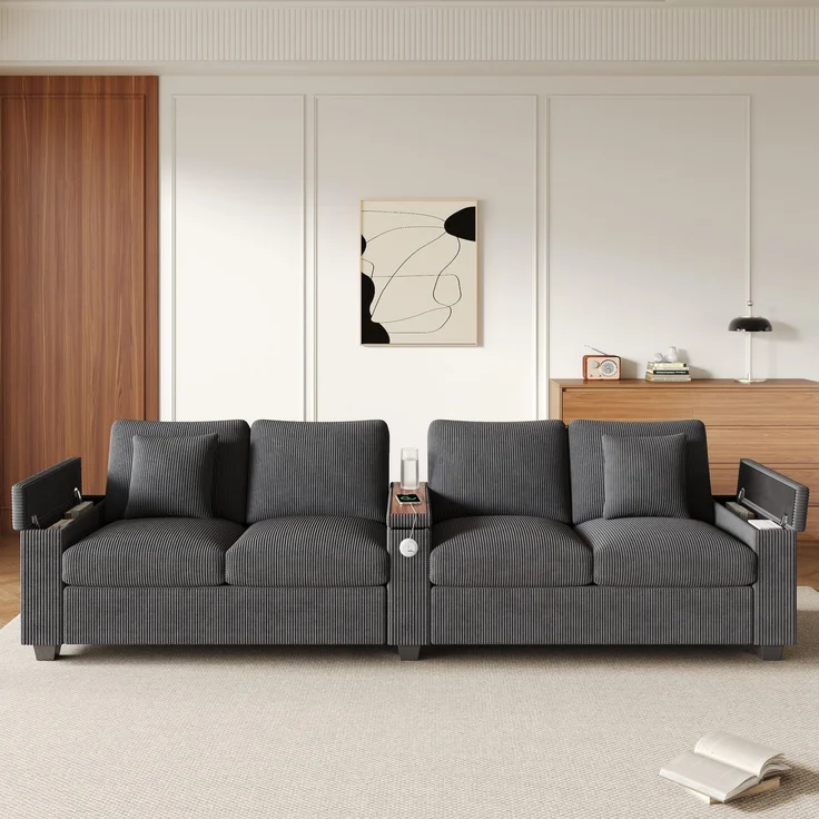 Big-Sofa mit Mehrfachsteckdosen und Stauraum, USB und Type-C, 4-Sitzer, inkl. loser Rückenkissen, Cord Bezug – Bild 2