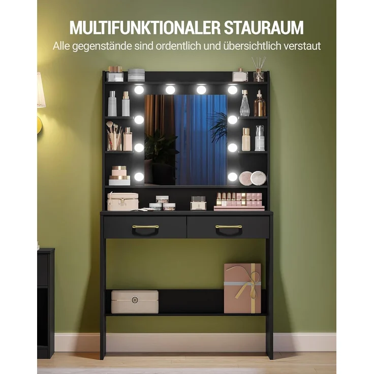 Schminktisch mit Spiegel, Schminktisch mit Ablageflächen und 2 Schubladen, für Schlafzimmer, Wohnzimmer, Verstellbare Helligkeit, 40 x 80 x 149 cm, Schwarz – Bild 4