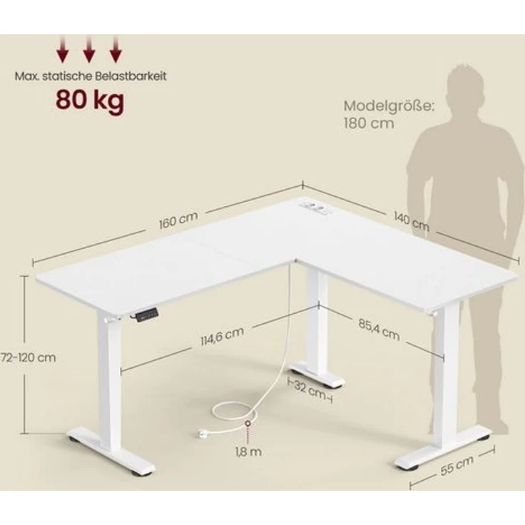 VASAGLE Höhenverstellbarer Schreibtisch elektrisch, L-förmiger Eckschreibtisch, mit Ladestation, Memory-Funktion mit 2 Höhen, für Homeoffice, wolkenweiß-mattweiß, 140x160 cm – Bild 3
