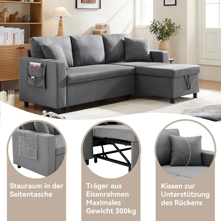 Multifunktions Sofa mit verstellbarer Chaiselongue & Staufach, Leinen, 219,5x142,5x83 cm, Dunkelgrau – Bild 6