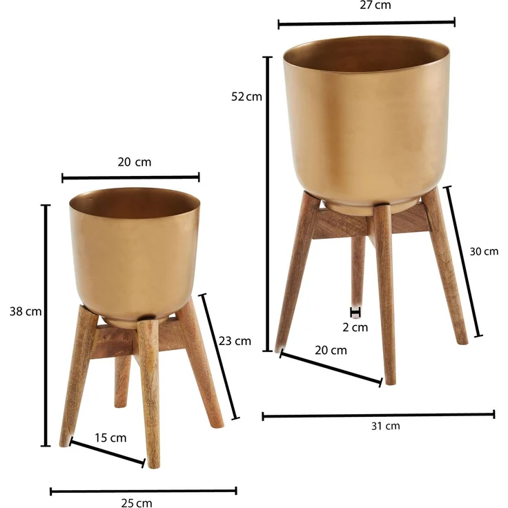 Blumentopf 2er Set Metall Massivholz Gold Rund mit Füßen – Bild 7