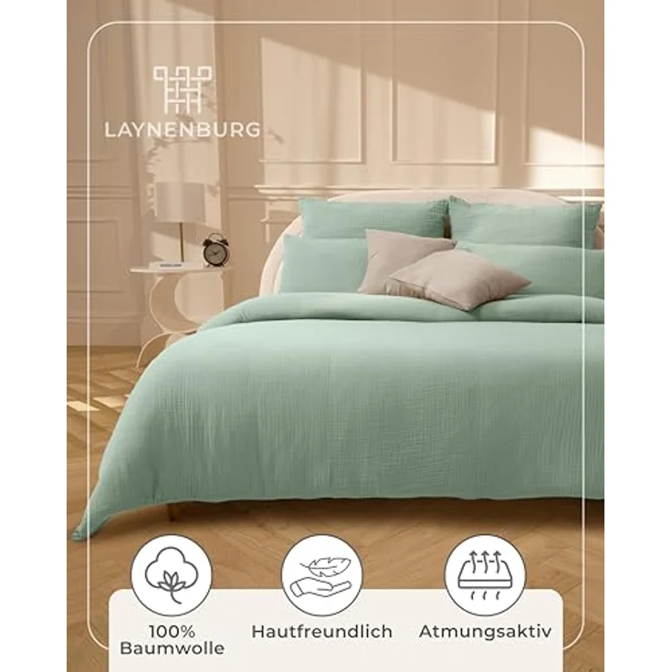 Laynenburg Bettwäsche Musselin aus 100% Baumwolle in 135x200 oder 155x220 cm, atmungsaktiv & bügelfrei – 3 lagig mit Reißverschluss & Haltebändern – Bild 5