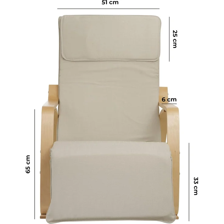Baroni Home Schaukelstuhl mit Armlehnen aus Holz, ergonomischer Schaukelsessel mit Kopfstütze, 5-Höhen Fußstütze, bis 150 kg, Schlaf- und Wohnzimmer, Beige, 82 x 67 x 98 cm – Bild 4
