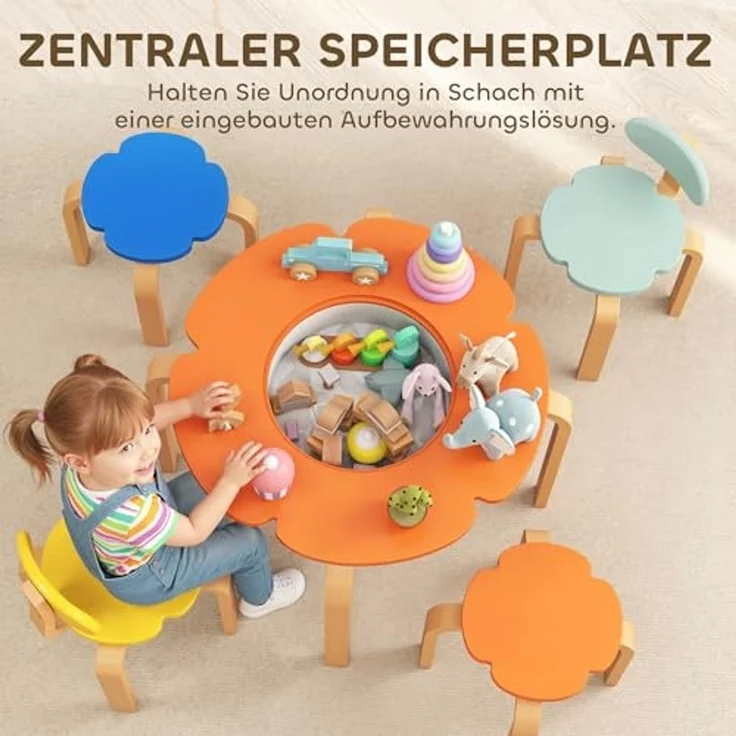 AIYAPLAY Kindersitzgruppe für Kinder von 3 bis 8 Jahren, (Kindermöbel, 5-tlg, 5-teiliges Set mit Tisch, Stühlen und Hockern), Blumenform, Mehrfarbig – Bild 4