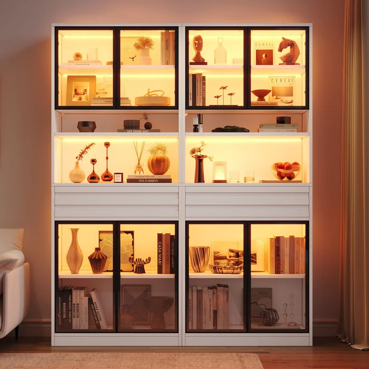 Zweierpackungen Vitrine Display Schrank 80 x 35 x 200 cm aus MDF, Bücherschrank mit 8 Glastüren, 2 Schublade, LED‑Beleuchtung,hohe Schränke, Weinschränke, vitrinen schrank für Wohnzimmer,Weiß--Weiß--160x35x200cm--YOUDENOVA – Bild 2